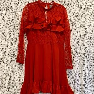 ASOS red dress with lace sleeves and ruffle detail